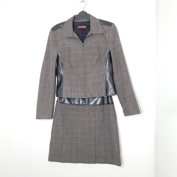 San Francisco Two Piece Plaid Jacket Skirt Suit Set Lined Faux Leather Trim - Picture 1 of 15